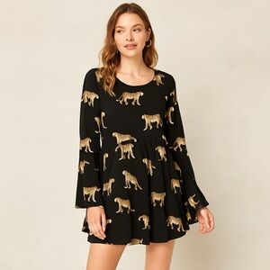 Buddy Love Black Tan Cheetah Print Boho Peasant Sleeve Tie Back Long Dress S